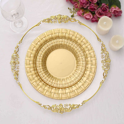 10 Pack Gold Basketweave Rim Plastic Salad Dessert Plates, Round Disposable Appetizer Plates 7"