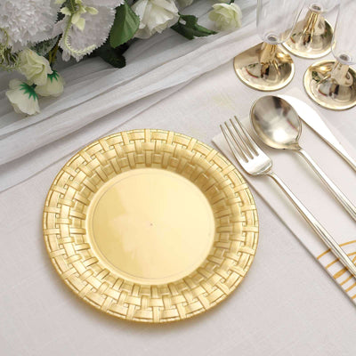 10 Pack Gold Basketweave Rim Plastic Salad Dessert Plates, Round Disposable Appetizer Plates 7"