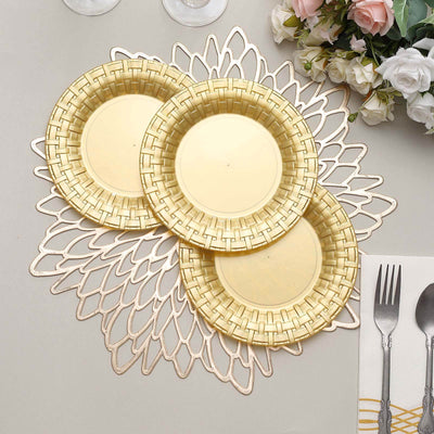10 Pack Gold Basketweave Rim Plastic Salad Dessert Plates, Round Disposable Appetizer Plates 7"