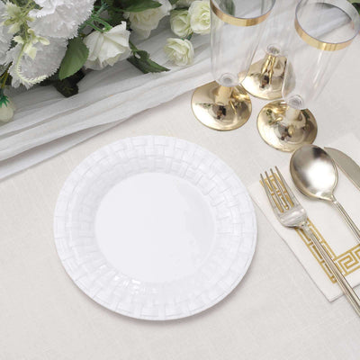 10 Pack White Basketweave Rim Plastic Salad Dessert Plates, Round Disposable Appetizer Plates 7"