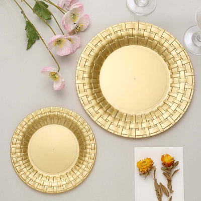 10-Pack Plastic Dinner Plates 10" Gold Basketweave Rim - Premium Disposable Party Plates
