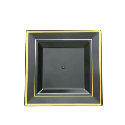 10-Pack Plastic Salad Dessert Plates 7" Black Square with Gold Trim - Disposable Plates for Parties