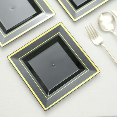 10-Pack Plastic Salad Dessert Plates 7" Black Square with Gold Trim - Disposable Plates for Parties