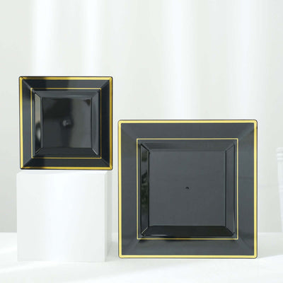 10-Pack Plastic Dinner Plates 10" Black Square with Gold Trim - Stylish Disposable Party Plates