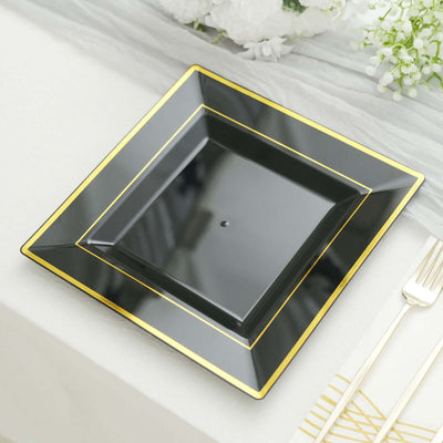 10-Pack Plastic Dinner Plates 10" Black Square with Gold Trim - Stylish Disposable Party Plates