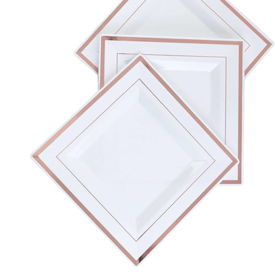 10-Pack Plastic Dinner Plates 10" White Square with Rose Gold Trim - Stylish Disposable Party Plates