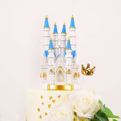 Cake Topper Figurine 8.5" Fairytale Princess Castle Design Blue and White - Baby Shower Party Decorations