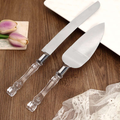 2 Set Stainless Steel Knife and Server 10" & 12" with Clear Acrylic Handle - Party Favors Gift Box Included