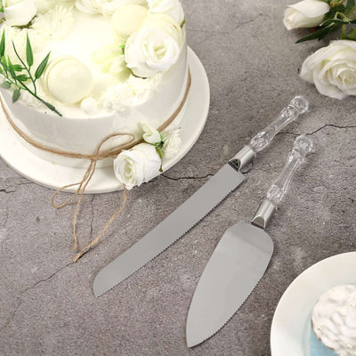 2 Set Stainless Steel Knife and Server 10" & 12" with Clear Acrylic Handle - Party Favors Gift Box Included