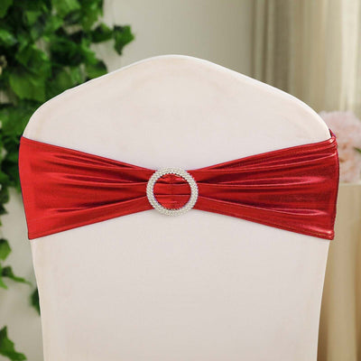 5 Pack Metallic Spandex Chair Sashes Red - Durable Stretch Chair Bands With Round Diamond Buckles
