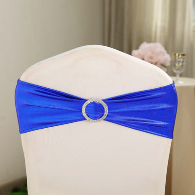5 Pack Metallic Spandex Chair Sashes Royal Blue - Durable Stretch Chair Bands With Round Diamond Buckles
