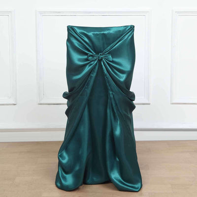Satin Self-Tie Universal Chair Cover Peacock Teal - Reusable Slip-On Slipcover for Folding, Dining, Banquet & Standard Size Chairs