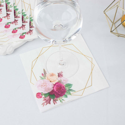 20-Pack Paper Napkins 6.5" White with Gold Hexagon Frame & Floral Print - Soft 2 Ply Disposable Cocktail Napkins for Weddings & Parties