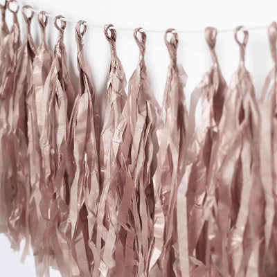 12 Pack Pre-Tied Rose Gold Paper Fringe Tassels With Garland String, Hanging Streamer Banner