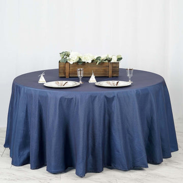 Premium Dark Blue Faux Denim Seamless Polyester Round Tablecloth 120" for 5 Foot Table With Floor-Length Drop