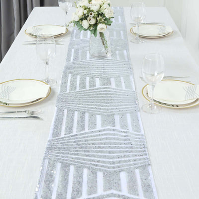 Sequin Table Runner 12"x108" Silver with Diamond Glitz Design - Perfect for Glamorous Events