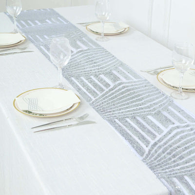 Sequin Table Runner 12"x108" Silver with Diamond Glitz Design - Perfect for Glamorous Events