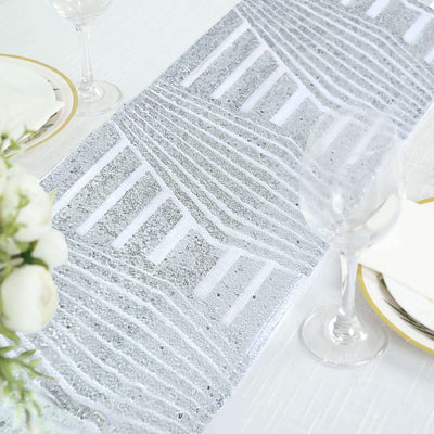 Sequin Table Runner 12"x108" Silver with Diamond Glitz Design - Perfect for Glamorous Events