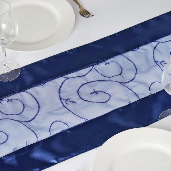 Navy Blue Satin Embroidered Sheer Organza Table Runner