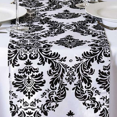 Taffeta Flocking Table Runner 12"x108" Black Damask - Sophisticated & Textured Table Decor for Events