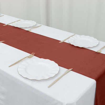 Premium Velvet Table Runner 12"x108" Terracotta (Rust) - Sheen Finish Reusable Linen