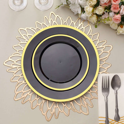 10-Pack Plastic Round Appetizer Plates 7" Black with Gold Rim - Classy Disposable Salad Plates