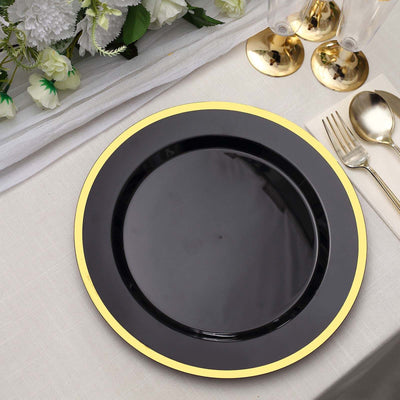 10-Pack Plastic Round Dinner Plates 10" Black with Gold Rim - Sleek Disposable Party Plates