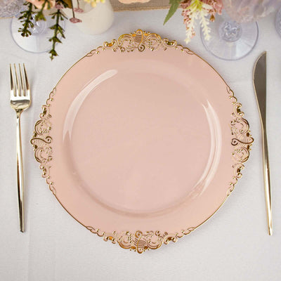 10-Pack Plastic Round Dinner Plates 10" Blush with Gold Leaf Embossed Rim - Vintage Baroque Style Disposable Plates