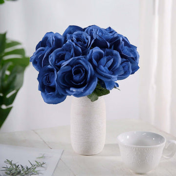 Royal Blue Artificial Velvet-Like Fabric Rose Flower Bouquet Bush 12"