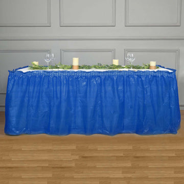 Royal Blue Ruffled Plastic Disposable Table Skirt, Waterproof Spill Proof Outdoor/Indoor Table Skirt 14ft