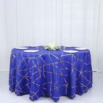 Royal Blue Seamless Round Polyester Tablecloth With Gold Foil Geometric Pattern 120" for 5 Foot Table With Floor-Length Drop