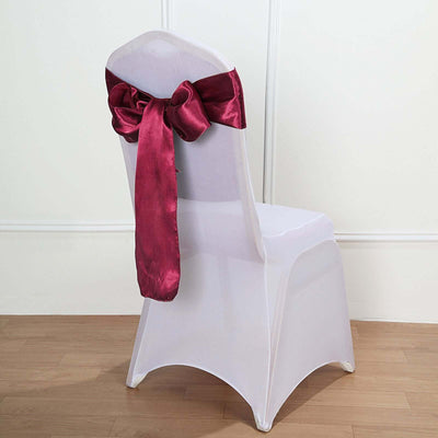 5 Pack Satin Chair Sashes 6"x106" Burgundy - Reusable Chair Bows with Smooth Finish