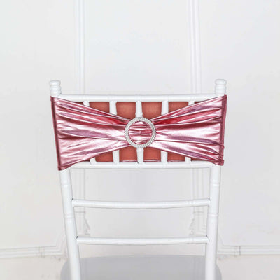 5 Pack Metallic Spandex Chair Sashes Rose Gold - Durable Stretch Chair Bands With Round Diamond Buckles