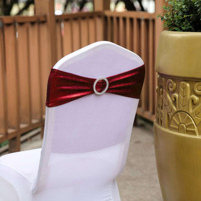 5 Pack Metallic Spandex Chair Sashes Burgundy - Durable Stretch Chair Bands With Round Diamond Buckles