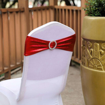 5 Pack Metallic Spandex Chair Sashes Red - Durable Stretch Chair Bands With Round Diamond Buckles