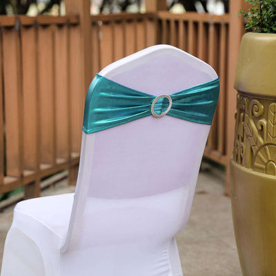 5 Pack Metallic Spandex Chair Sashes Peacock Teal - Durable Stretch Chair Bands With Round Diamond Buckles