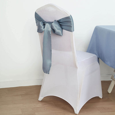 5 Pack Satin Chair Sashes 6"x106" Dusty Blue - Reusable Chair Bows with Smooth Finish