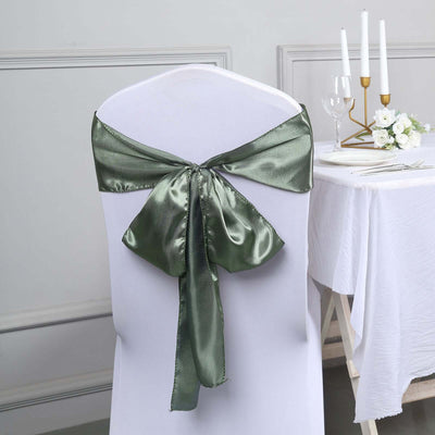 5 Pack Satin Chair Sashes 6"x106" Dusty Sage Green - Reusable Chair Bows with Smooth Finish