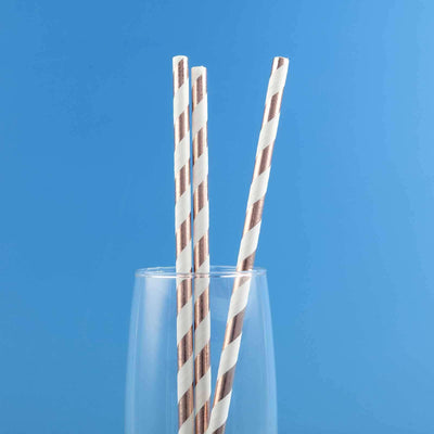 25-Pack Paper Straws 8" White/Rose Gold Striped - Disposable Straws for Parties