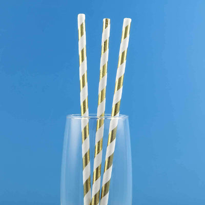 25-Pack Paper Straws 8" White/Gold Striped - Disposable Straws for Parties