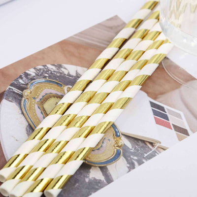 25-Pack Paper Straws 8" White/Gold Striped - Disposable Straws for Parties