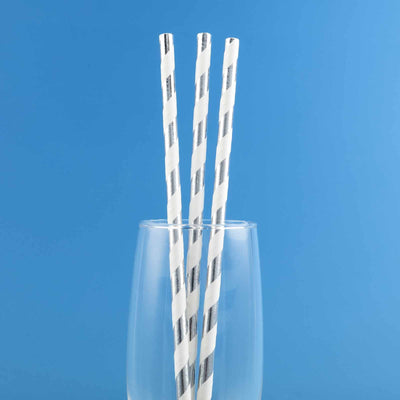 25-Pack Paper Straws 8" White/Silver Striped - Disposable Straws for Parties