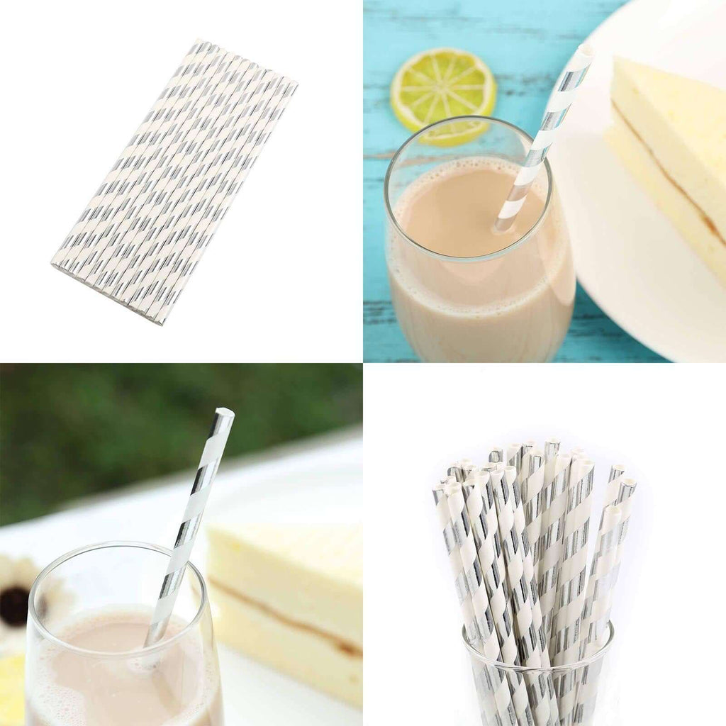 White/Silver Striped Disposable Paper Straws