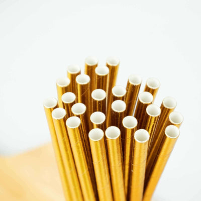 50-Pack Paper Drinking Straws 8" Metallic Gold Foil Food Grade - Biodegradable Disposable Straws