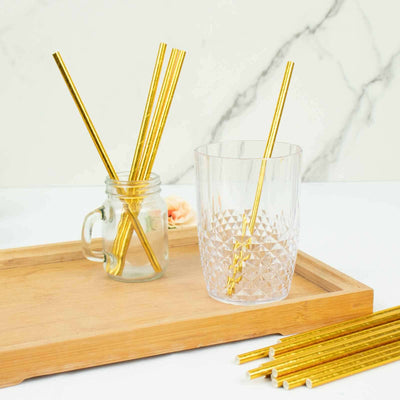 50-Pack Paper Drinking Straws 8" Metallic Gold Foil Food Grade - Biodegradable Disposable Straws