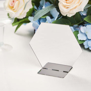 5 Pack Silver Acrylic Hexagon Wedding Table Sign Holders, Number Stands 5"