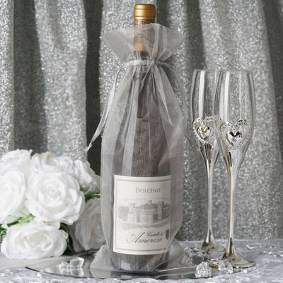 10 Pack Silver Organza Drawstring Party Favor Wine Gift Bags 6"x15"