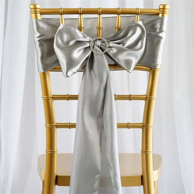 5 Pack Satin Chair Sashes 6"x106" Silver - Reusable Chair Bows with Smooth Finish