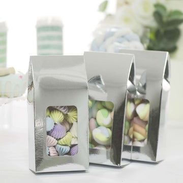 25 Pack Silver Tote With Window Party Favor Candy Gift Boxes 2.75" X 1.5" X 6"