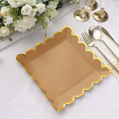 25-Pack Paper Square Dinner Plates 9" Natural Brown with Gold Scalloped Rim - Disposable Party Plates for Stylish Outdoor Events & Boho Celebrations